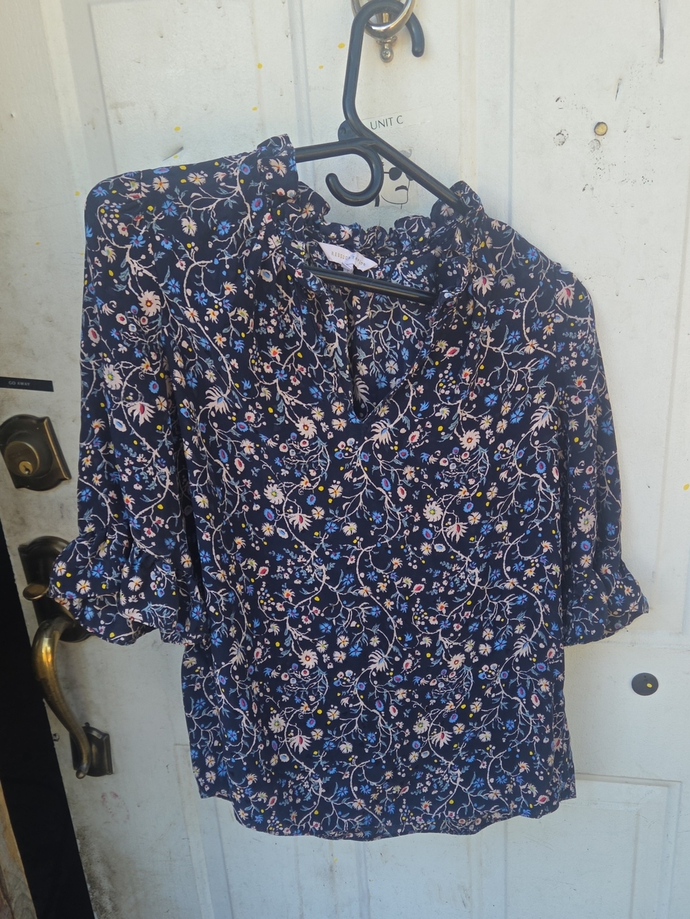 Rebecca Taylor Navy Floral Ruffle Neck Blouse